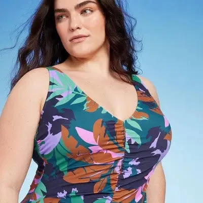 New - Shade & Shore Women's Plunge One Piece Swimsuit Shirred Bathing Suit