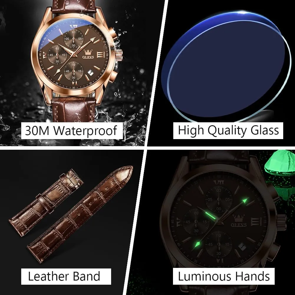 OLEVS Men's Casual Leather Watch, Big Face Chronograph Watch for Men, Fashion Easy to Read Dress Watch, Men's Waterproof Luminous Date Analog Watch, Gold/Black/White/Blue Dial
