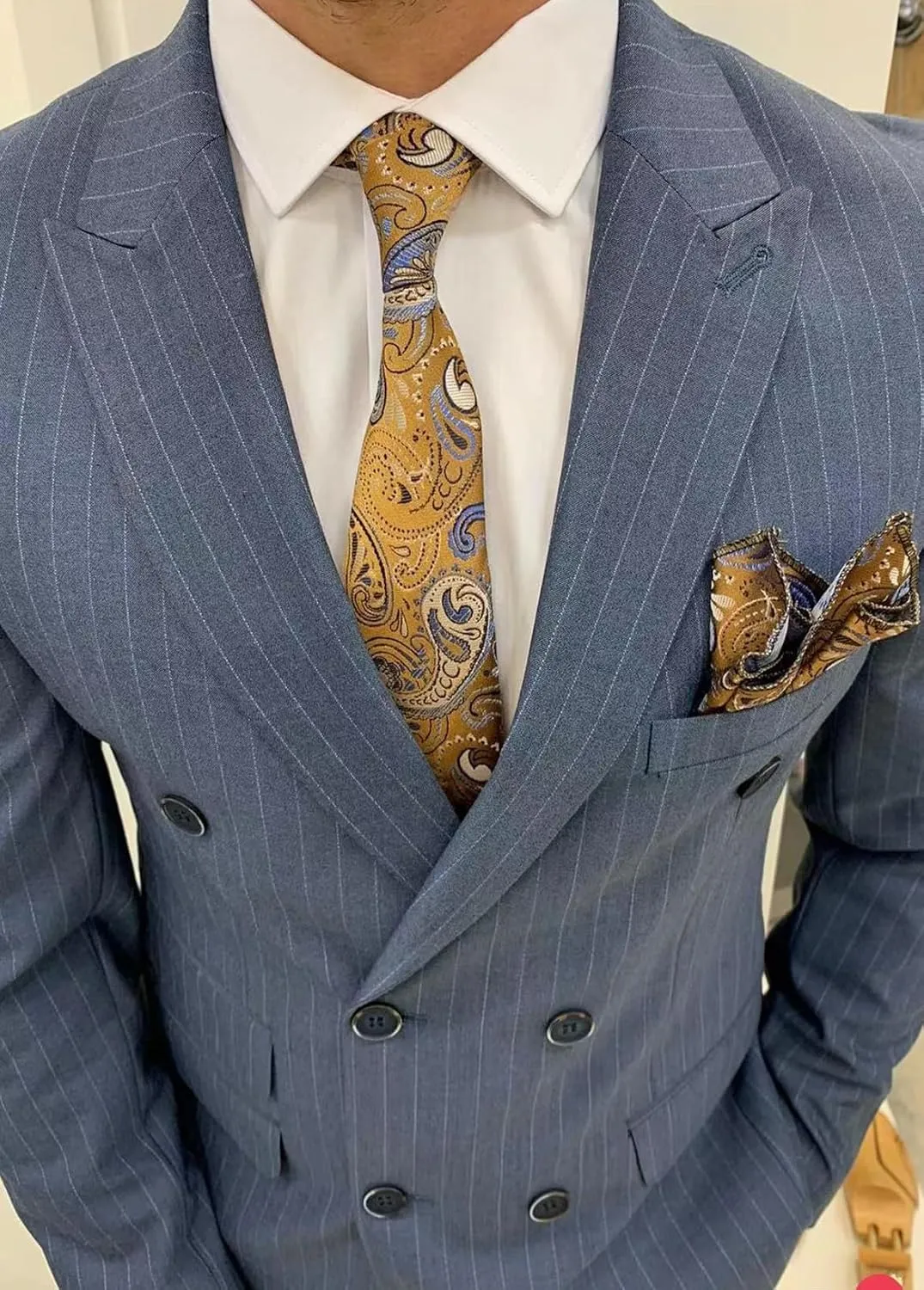 ORBITRAY Men's Double Breasted Pinstripe Casual Suit Slim Fit 2025 Business Wedding Men Blazer Pant Suits Six Buttons