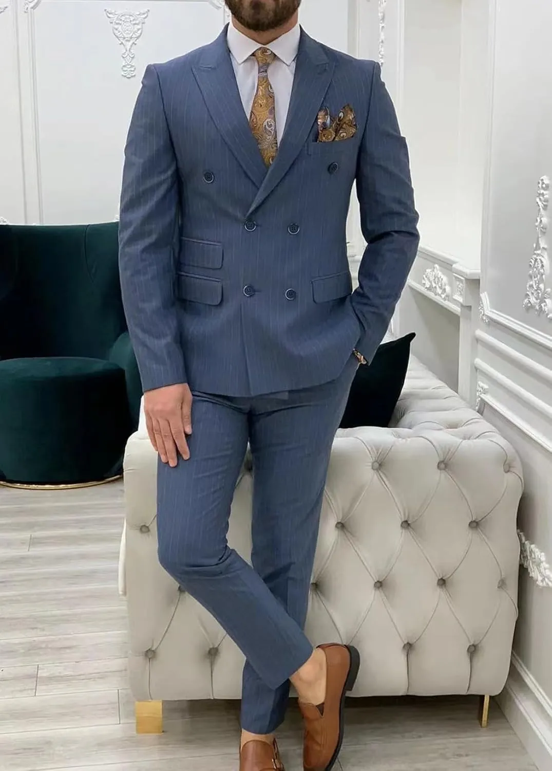 ORBITRAY Men's Double Breasted Pinstripe Casual Suit Slim Fit 2025 Business Wedding Men Blazer Pant Suits Six Buttons