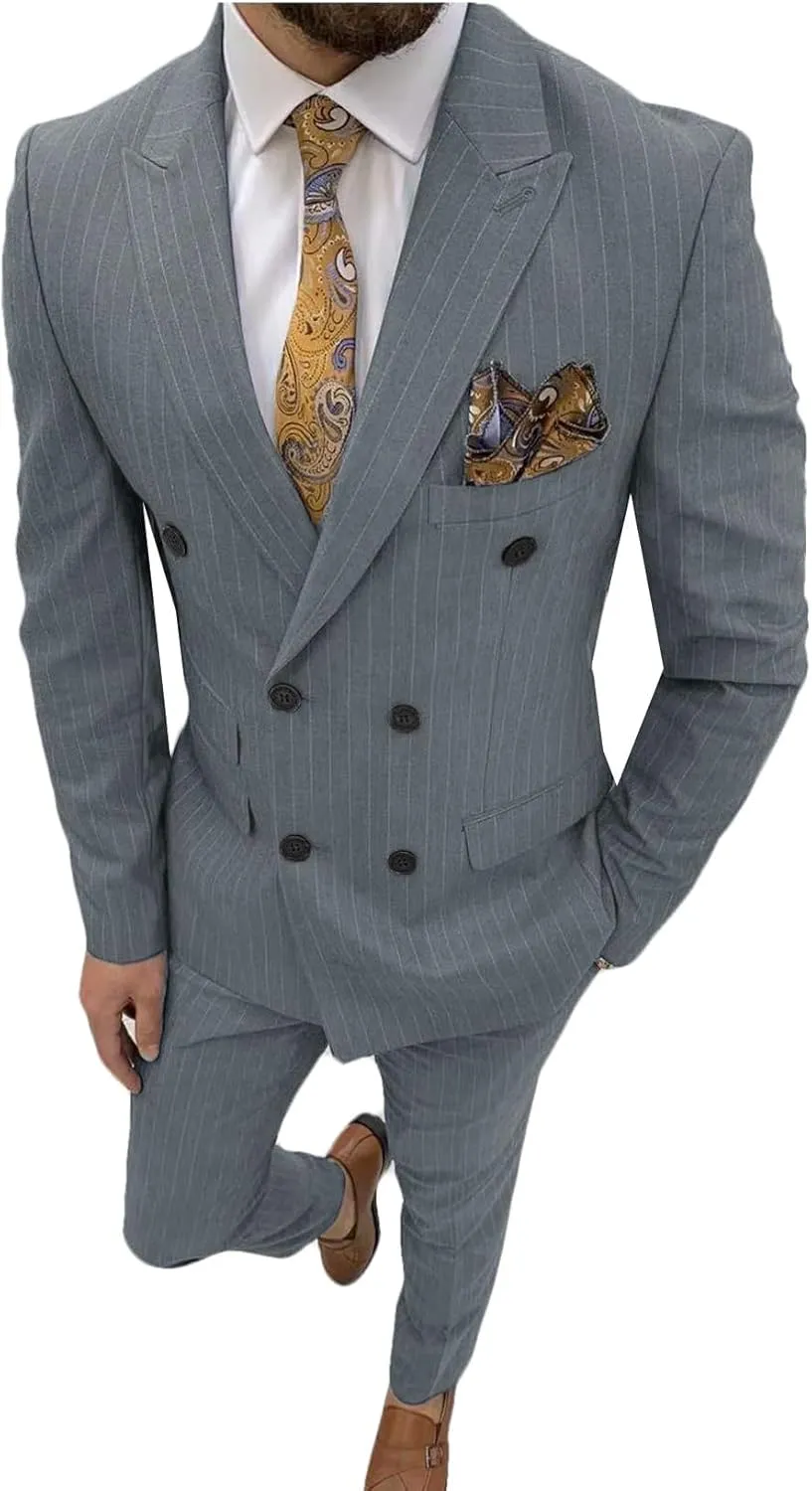 ORBITRAY Men's Double Breasted Pinstripe Casual Suit Slim Fit 2025 Business Wedding Men Blazer Pant Suits Six Buttons