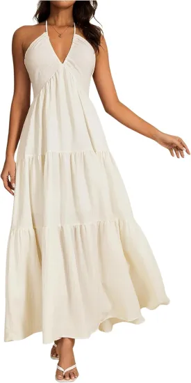 OYOANGLE Women's V Neck Tie Backless Halter Dress Ruched Flowy Vacation Maxi Dresses
