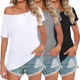 Riyiper 3 Pack Women's Off The Shoulder Shirts, Loose Fit Flowy Tops Short Sleeve Casual Summer Tshirt Athletic Workout Tunic