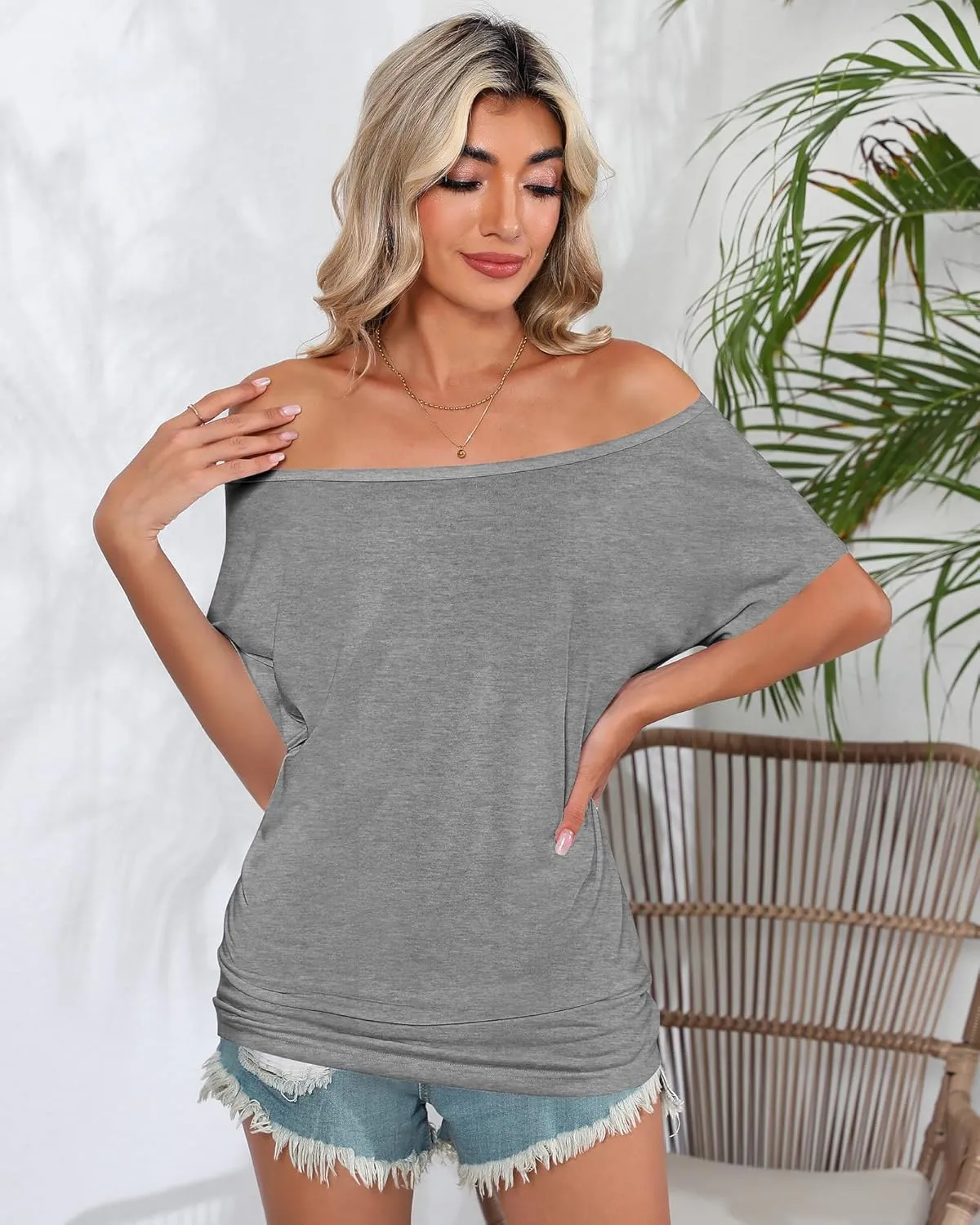 Riyiper 3 Pack Women's Off The Shoulder Shirts, Loose Fit Flowy Tops Short Sleeve Casual Summer Tshirt Athletic Workout Tunic