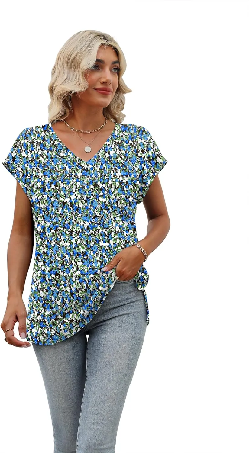 SAMPEEL Womens Summer Tops 2025 Cap Sleeve Trendy V Neck Loose Fit T Shirts