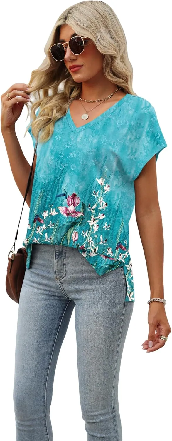 SAMPEEL Womens Summer Tops 2025 Cap Sleeve Trendy V Neck Loose Fit T Shirts