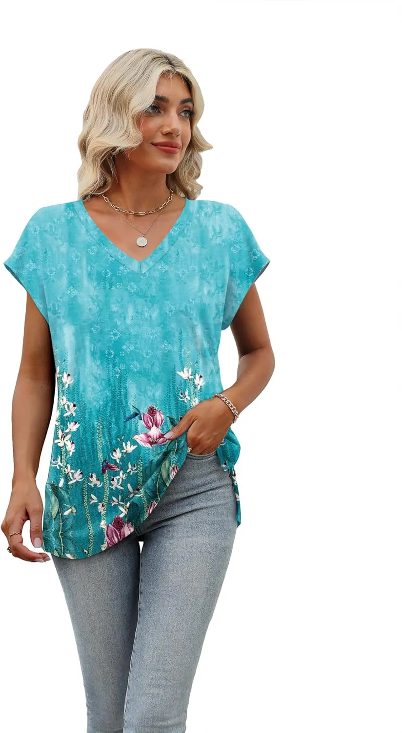 SAMPEEL Womens Summer Tops 2025 Cap Sleeve Trendy V Neck Loose Fit T Shirts