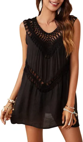 SIAEAMRG Swimsuit Cover Ups for Women, V Neck Hollow Out Swim Coverup Crochet Chiffon Summer Beach Cover Up Dress