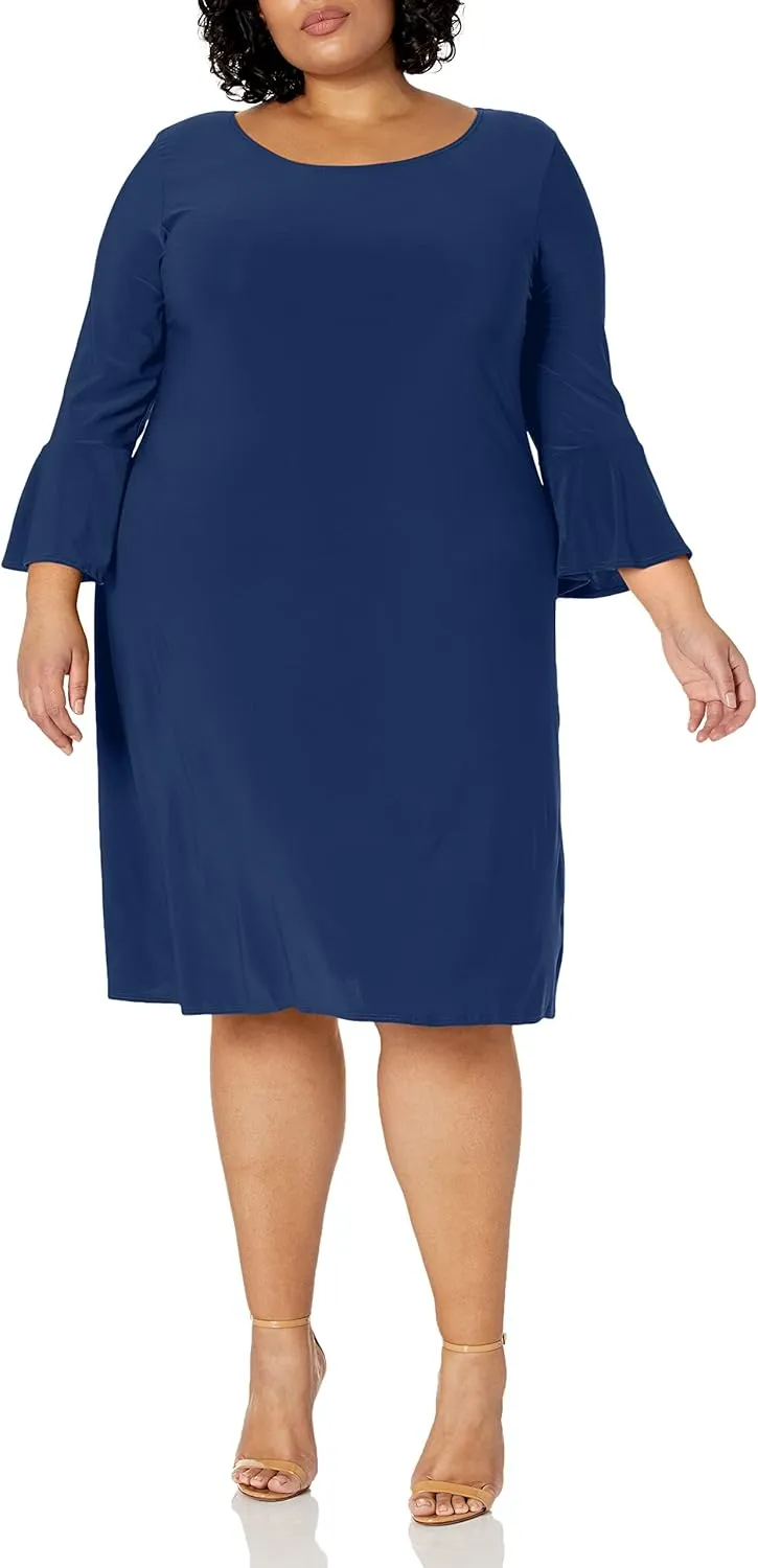 Star Vixen Women's Plus-Size Modest Soft Knit Bell-Sleeve Midi-Length Dress