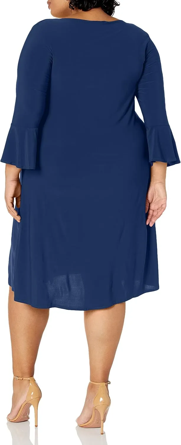 Star Vixen Women's Plus-Size Modest Soft Knit Bell-Sleeve Midi-Length Dress