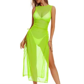 Swimsuit Women Cover Up High Split Drawstring Mesh Dress for Women Swimwear Bikini Cover Up See Through Dress