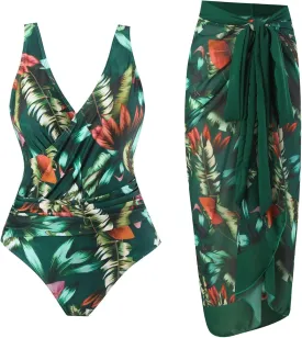 Women's One Piece Swimsuit with Cover up Set Beach Wrap Skirt Retro Floral Print Bathing Suit for Women Tummy Control