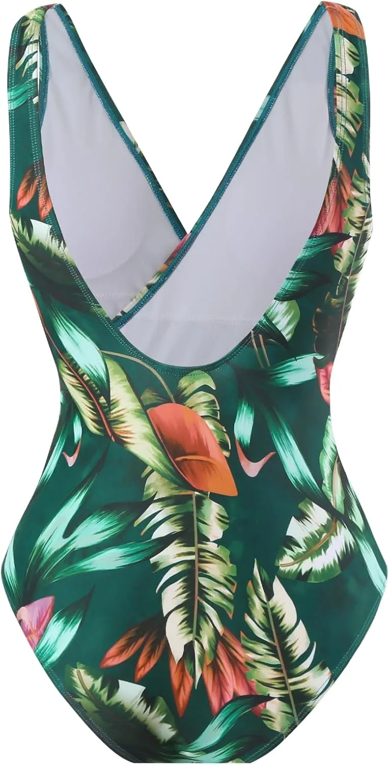 Women's One Piece Swimsuit with Cover up Set Beach Wrap Skirt Retro Floral Print Bathing Suit for Women Tummy Control