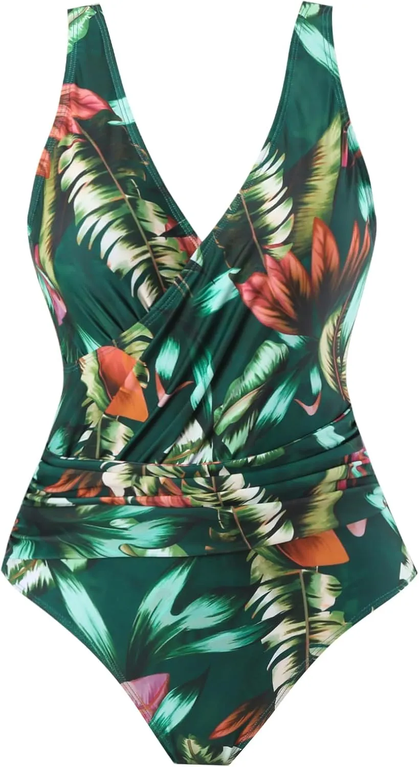 Women's One Piece Swimsuit with Cover up Set Beach Wrap Skirt Retro Floral Print Bathing Suit for Women Tummy Control