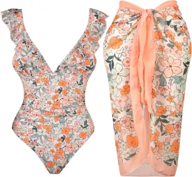 Women's One Piece Swimsuit with Cover Up Wrap Skirt, Floral Beach Swimsuit with Cover Up Set, Monokini Two Piece Bathing Suit